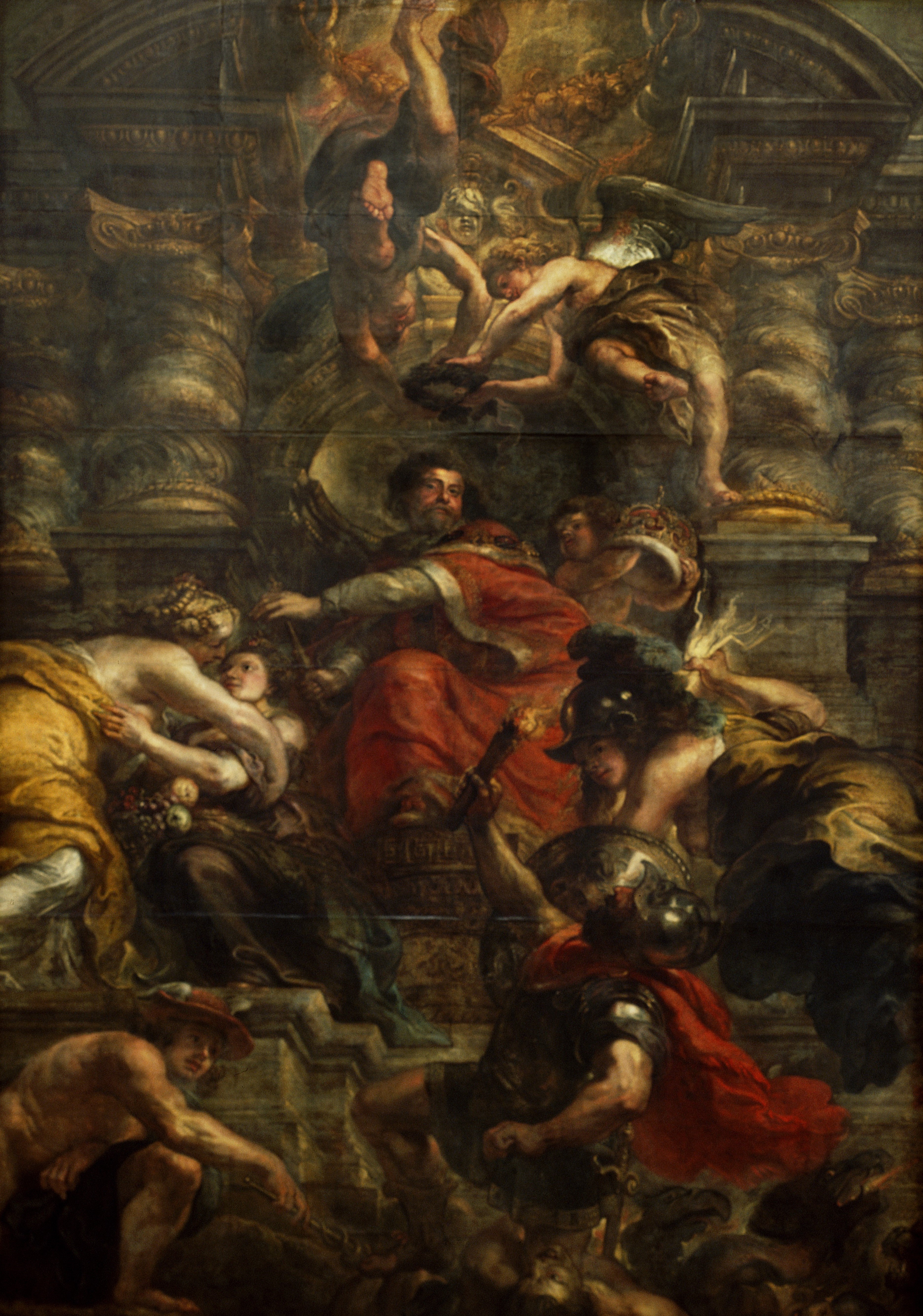 The Wise Rule of James I by Peter Paul Rubens. An allegorical painting celebrating the reign of James I, emphasising the monarch’s wisdom and peaceful governance. It is one of nine ceiling paintings in Banqueting House.