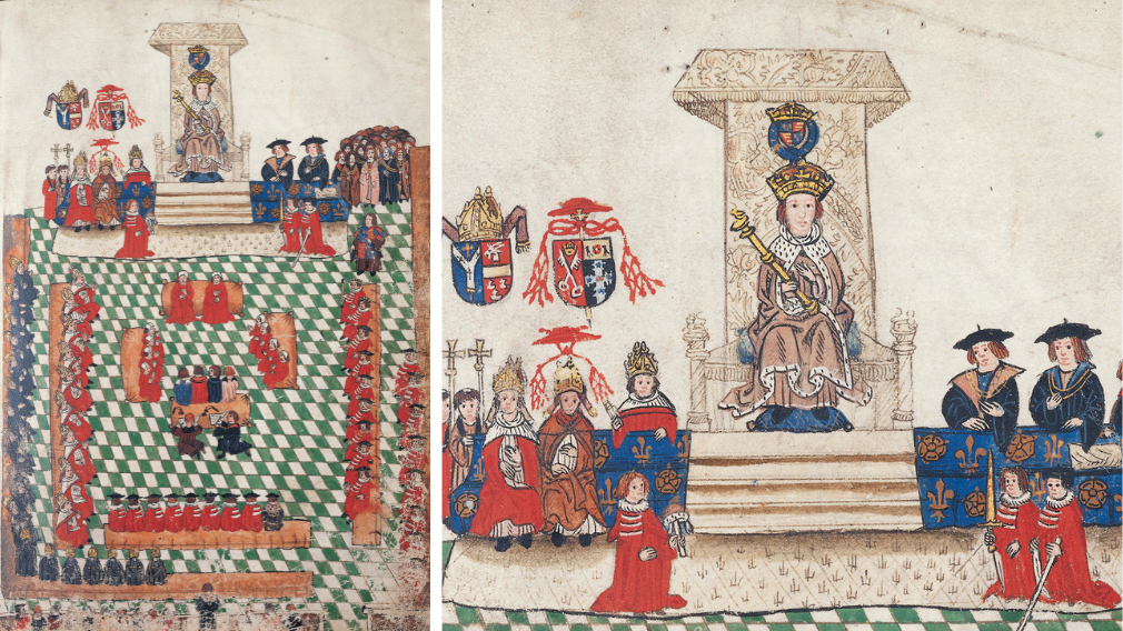 A representation of the opening of parliament at Blackfriars in 1523 in the Wriothesley Garter book.