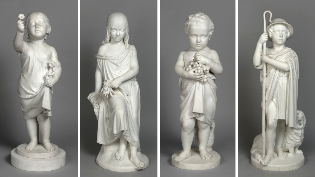 Four full-length marble statues of Queen Victoria and Prince Albert's children as allegories of the seasons.