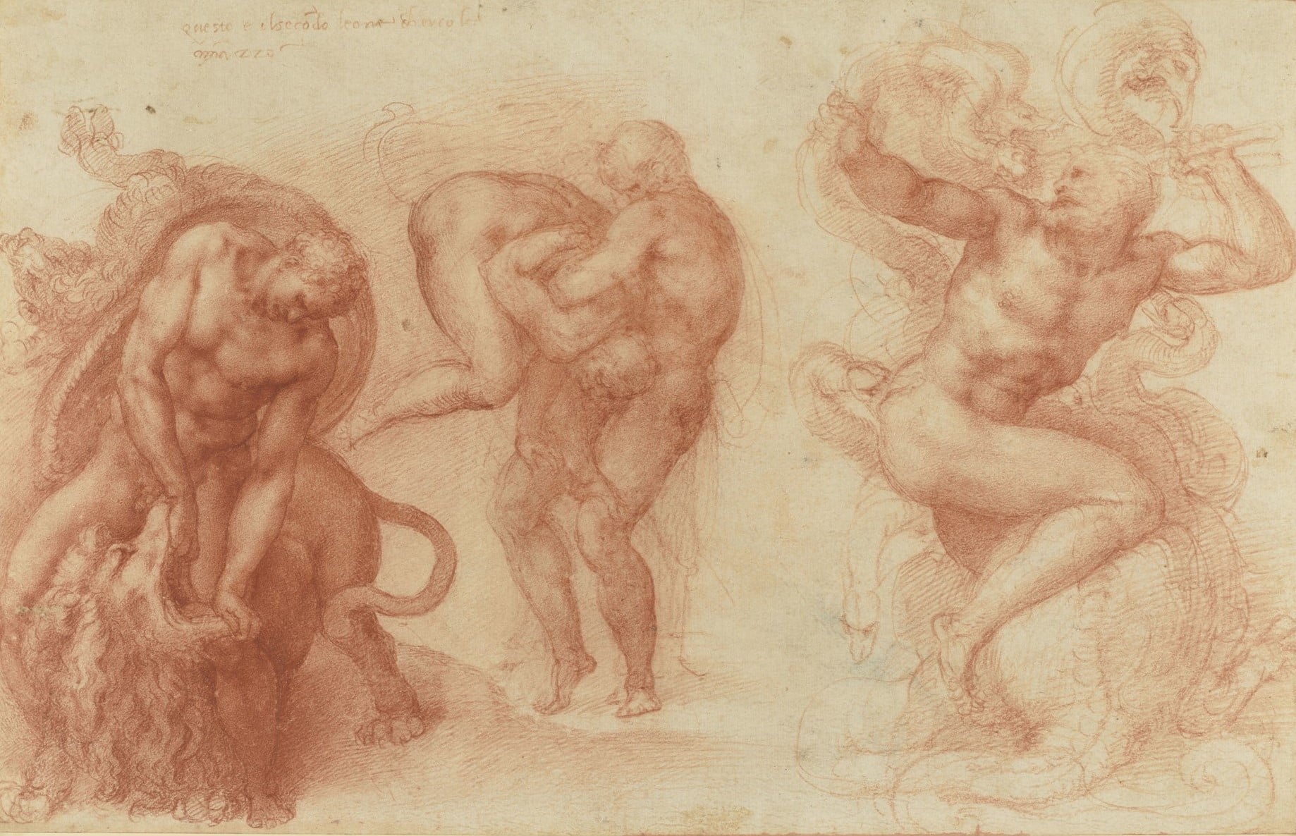 Three Labours of Hercules, c. 1530 (RCIN 912770) Red chalk drawing of the Three Labours of Hercules by Michelangelo