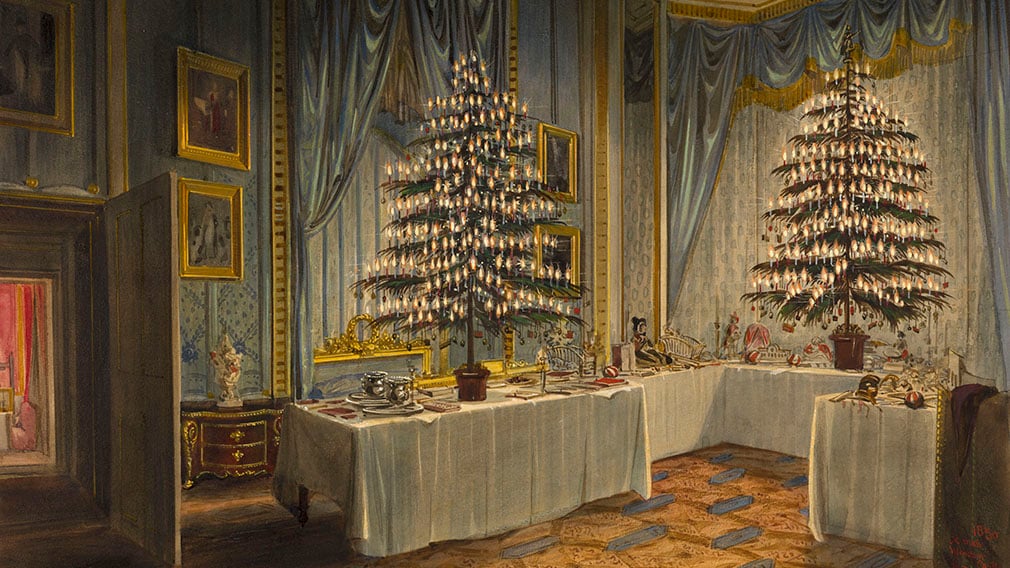 A watercolour of the Christmas trees of Queen Victoria children at Windsor Castle (RCIN 919813) Painting of Victorian Christmas trees