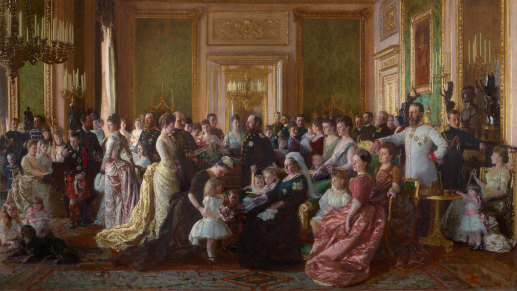 Laurits Regner Tuxen, The Family of Queen Victoria in 1887 (RCIN 400500) A painting by Laurits Regner Tuxen depicting Queen Victoria sitting in the Green Drawing Room at Windsor Castle, surrounded by members of her family.