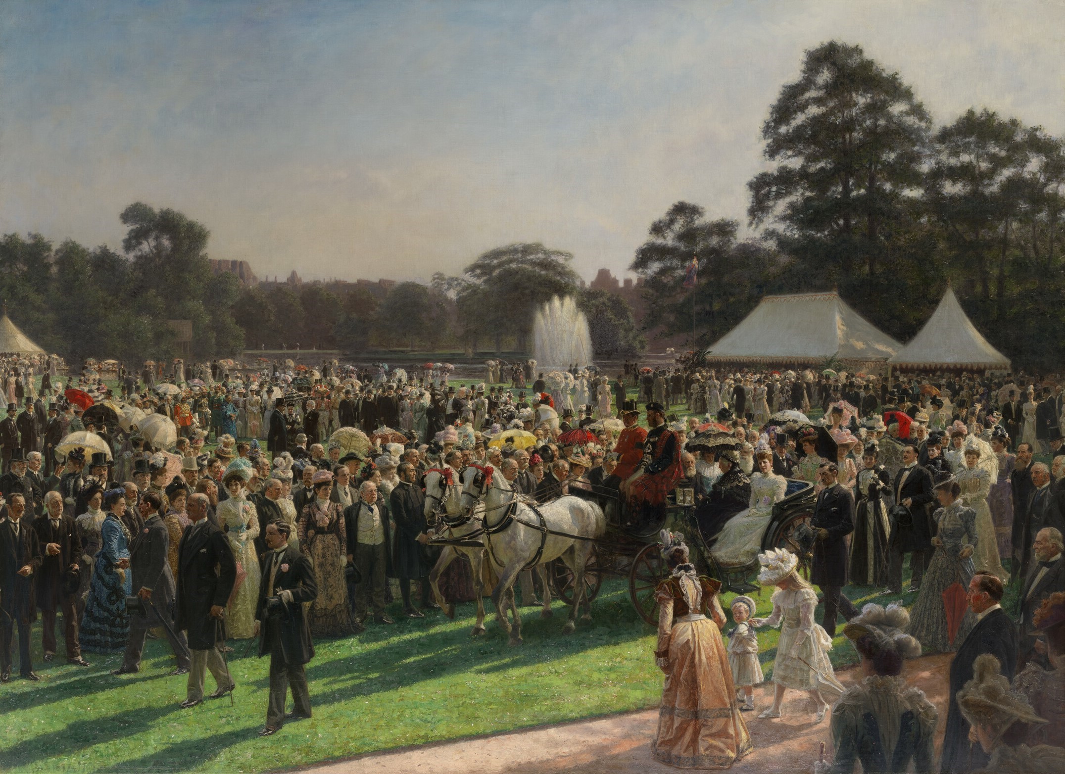 Laurits Regner Tuxen, The Garden Party at Buckingham Palace on 28 June 1897, 1897-1900 (RCIN 405286) A painting of the Garden Party at Buckingham Palace. Queen Victoria and Alexandra, Princess of Wales are returning to the Palace in an open carriage.