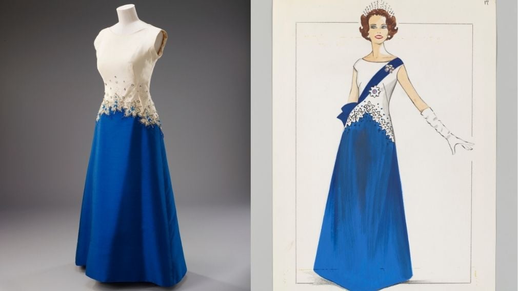 Dress with maple leaves embroideries for the centennial celebrations of the Confederation of Canada in Ottawa in 1967, Norman Hartnell (RCIN 100049) and sketch (RCIN 935856) White and blue dress with maple leaves embroideries with sketch