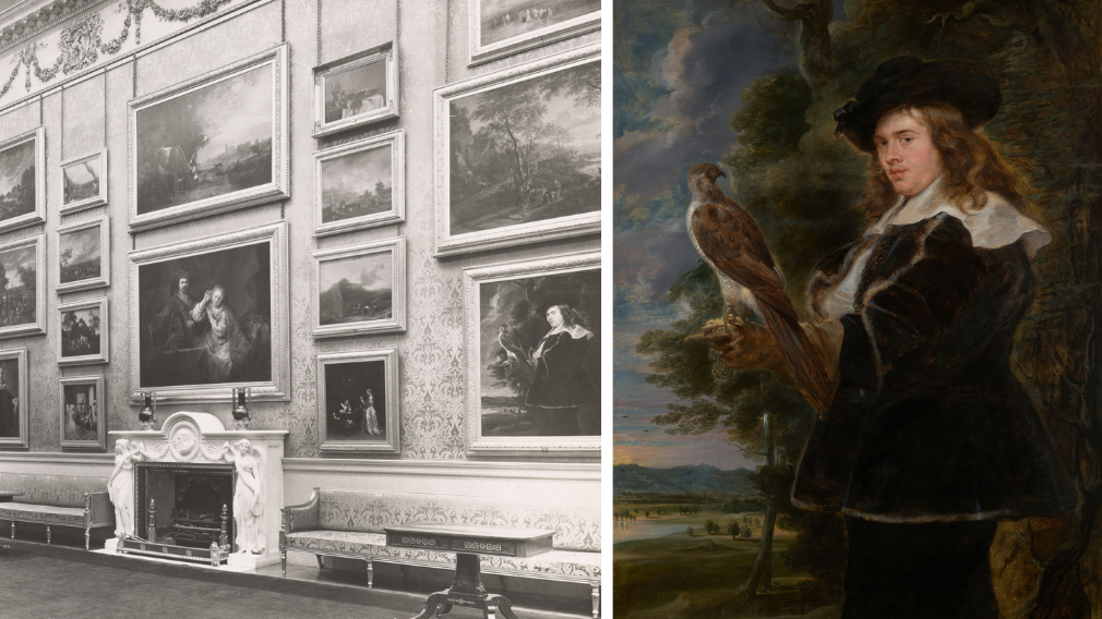 Left: Buckingham Palace Picture Gallery, c.1931 (RCIN 2936325) Right: Attributed to Jan van Boeckhorst, A Young Man with a Falcon, c.1630 (RCIN 407527) Left: Buckingham Palace Picture Gallery, c.1931 (RCIN 2936325) Right: Attributed to Jan van Boeckhorst, A Young Man with a Falcon, c.1630 (RCIN 407527)