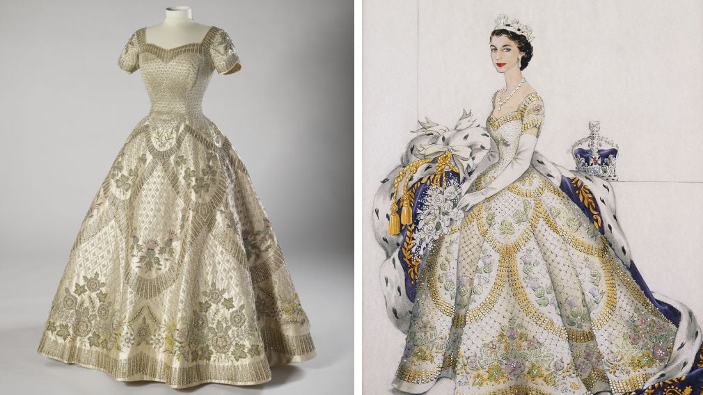 Left: Queen Elizabeth II's Coronation dress (RCIN 250044) Right: sketch (RCIN451858) Royal Collection Enterprises Limited 2026 | All Rights Reserved Full length white dress with crystal, silver and pearls and drawing of the dress.