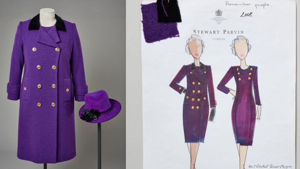 Coat and hat, Stewart Parvin and Rachel Trevor Morgan (RCIN 220132) and sketch (RCIN 935916) A purple dress and sketch for the dress