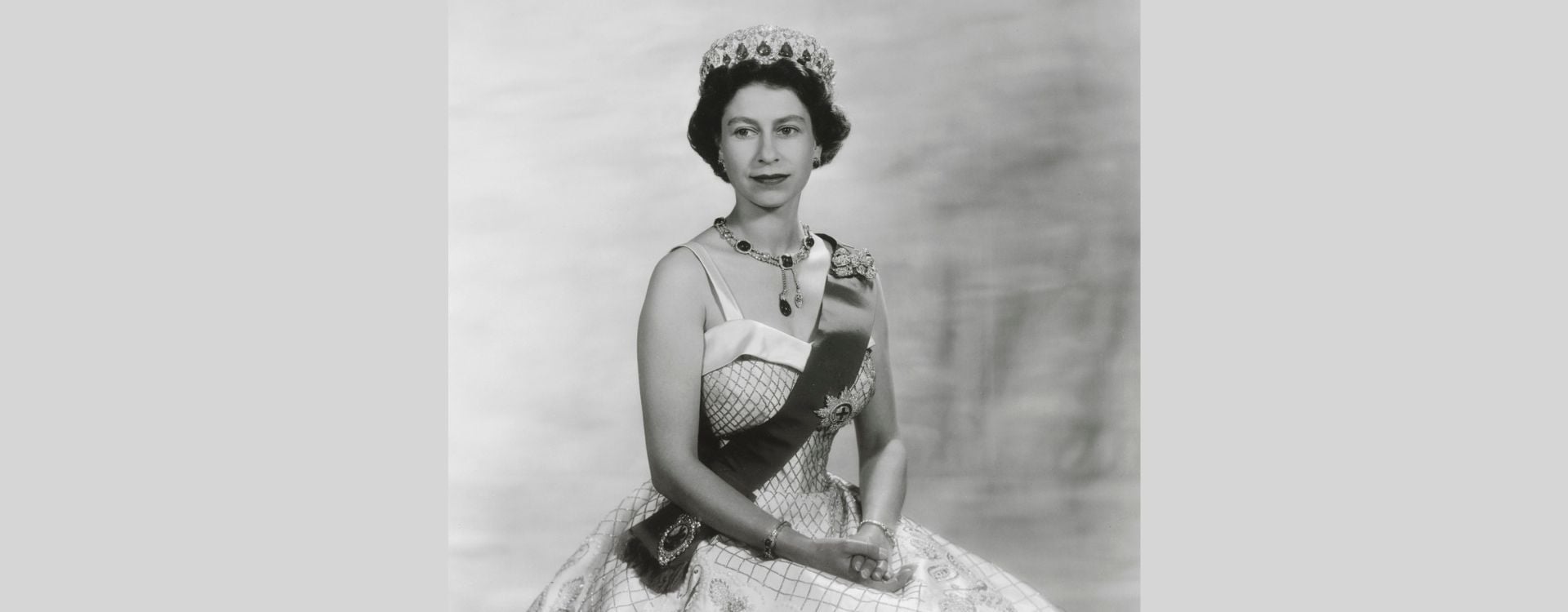 Queen Elizabeth II (RCIN 2081190) Black and white photograph of Queen Elizabeth II wearing tiara and dress.