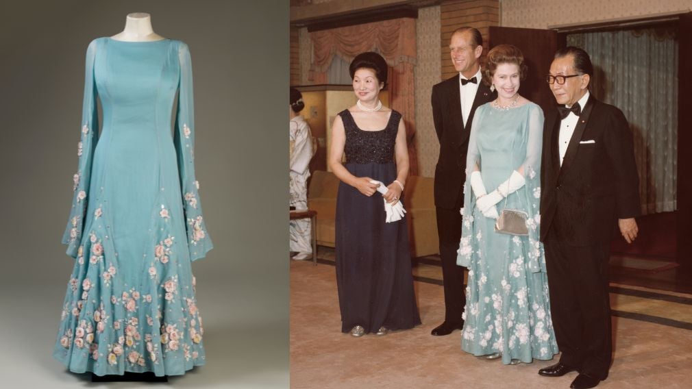 Left: Cherry Blossom Evening Dress, Norman Hartnell, 1975 (RCIN 110116) Right: Photograph of Queen Elizabeth II wearing the Cherry Blossom dress during a State Visit to Japan, 1975 (RCIN 2816939) Cherry Blossom Evening Dress, Norman Hartnell, 1975 (and photograph of Queen Elizabeth II wearing the Cherry Blossom dress during a State Visit to Japan, 1975
