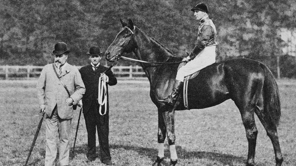 Black and white photograph of Albert Edward, Prince of Wales standing next to horse