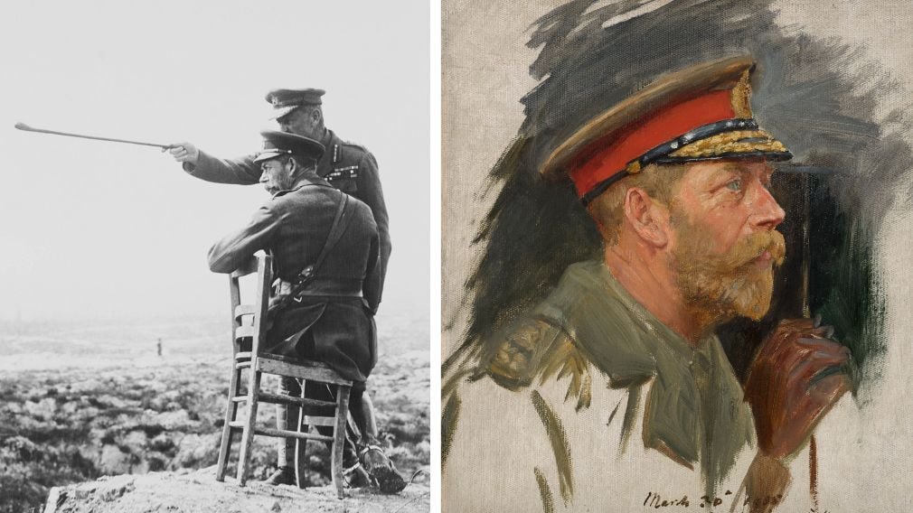 Left: Photograph of King George V with Officers during the First World War (RCIN 2108013) Right: Sketch of George V wearing military uniform (RCIN 405840)