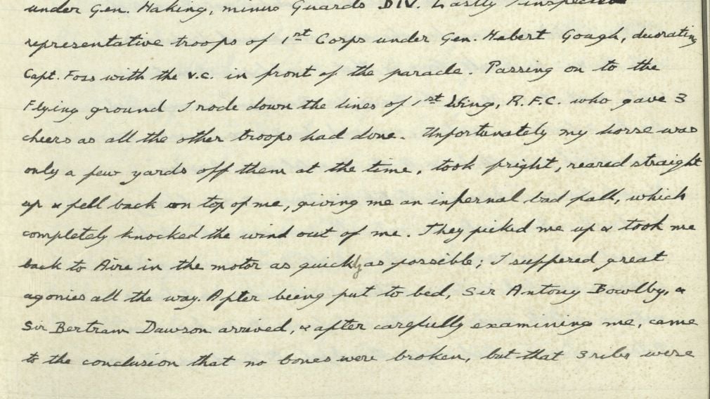 George V’s diary entry describing his serious riding accident during the First World War