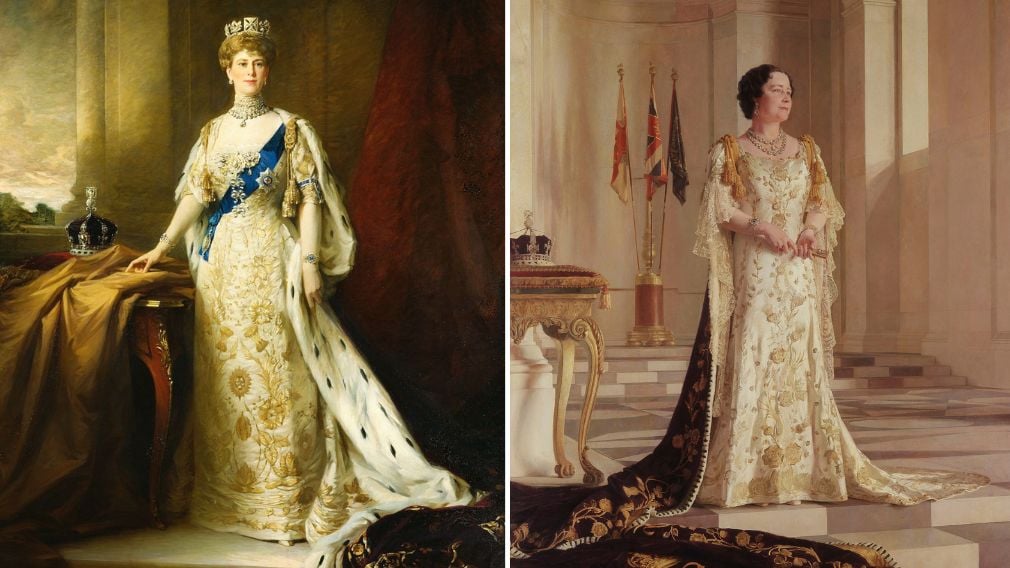 Left: Queen Mary wearing her Coronation robes (RCIN 402024) Right: Queen Elizabeth in her Coronation robes (RCIN 403423) Left: Queen Mary wearing her Coronation robes Right: Queen Elizabeth in her Coronation robes
