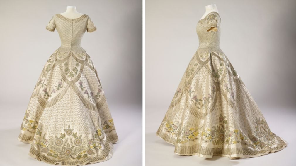 The back and side of the Coronation dress showing the slight train (RCIN 250044) The back and side of Queen Elizabeth II's Coronation dress
