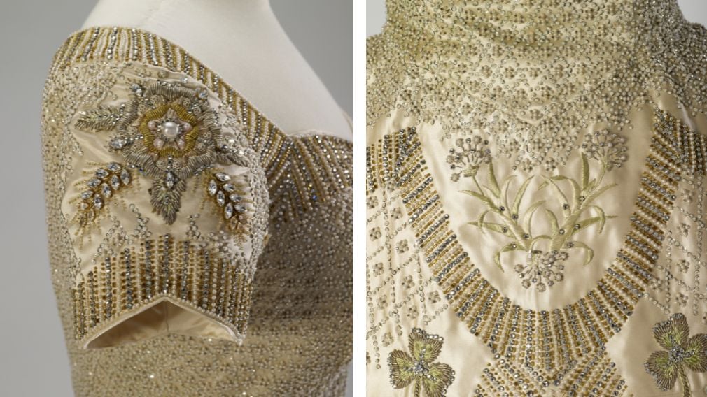 The sleeve and detail of the skirt Coronation dress detail