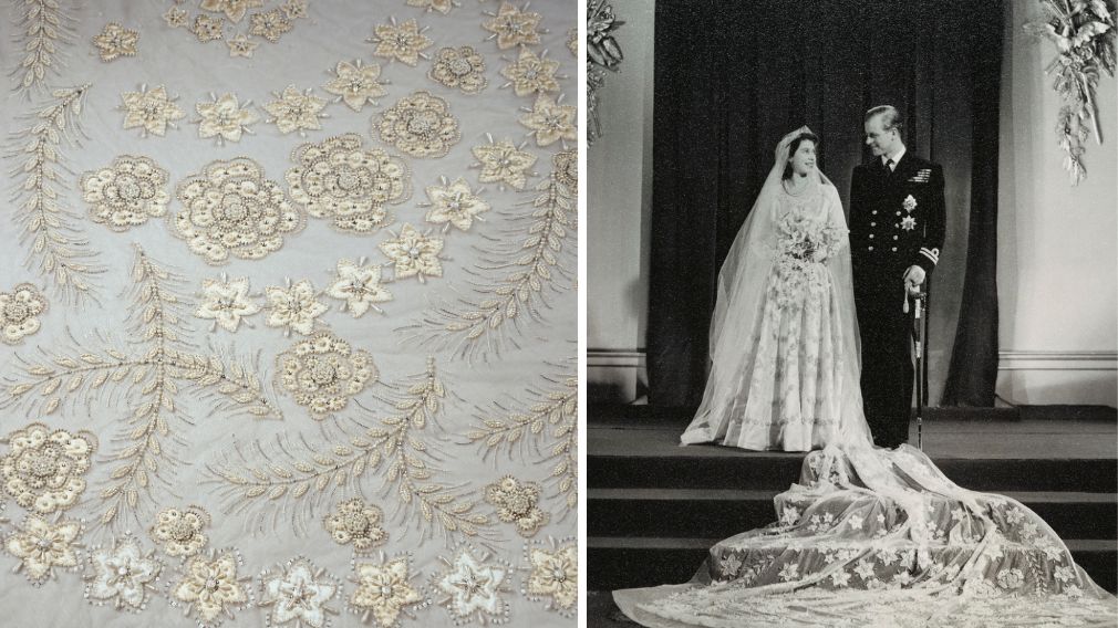 Left: Close up detail of embroidery on the train Right: Photograph of Princess Elizabeth and Lieutenant Philip Mountbatten on their wedding day