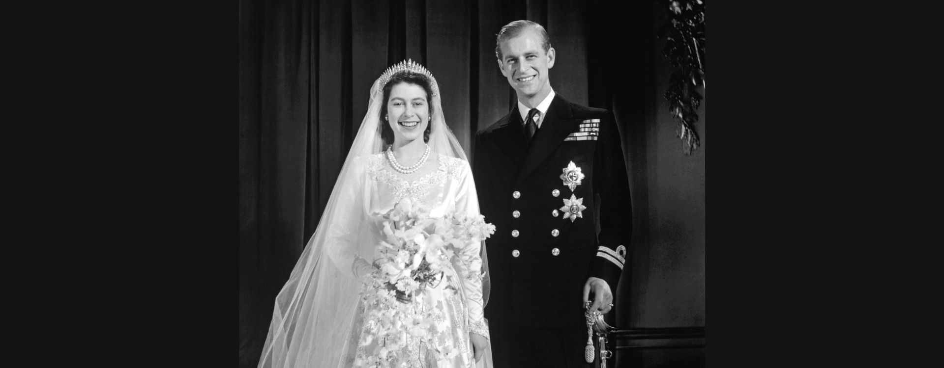Wedding photograph of Princess Elizabeth and Lieutenant Philip Mountbatten on their wedding day 