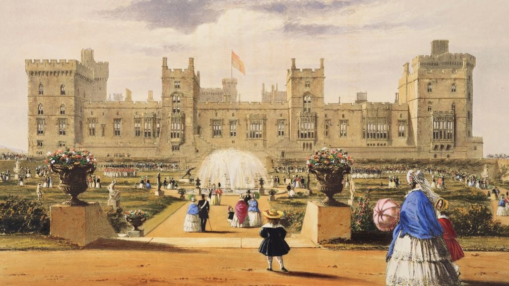 People walking in the East Terrace Garden, 1848 (RCIN 817132.w) Painting of people walking in a garden with a castle behind.