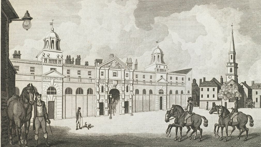 Royal Stables in the Mews Charing Cross, 1793 (RCIN 705210) Black and white etching of Royal Stables in the Mews Charing Cross with horses.