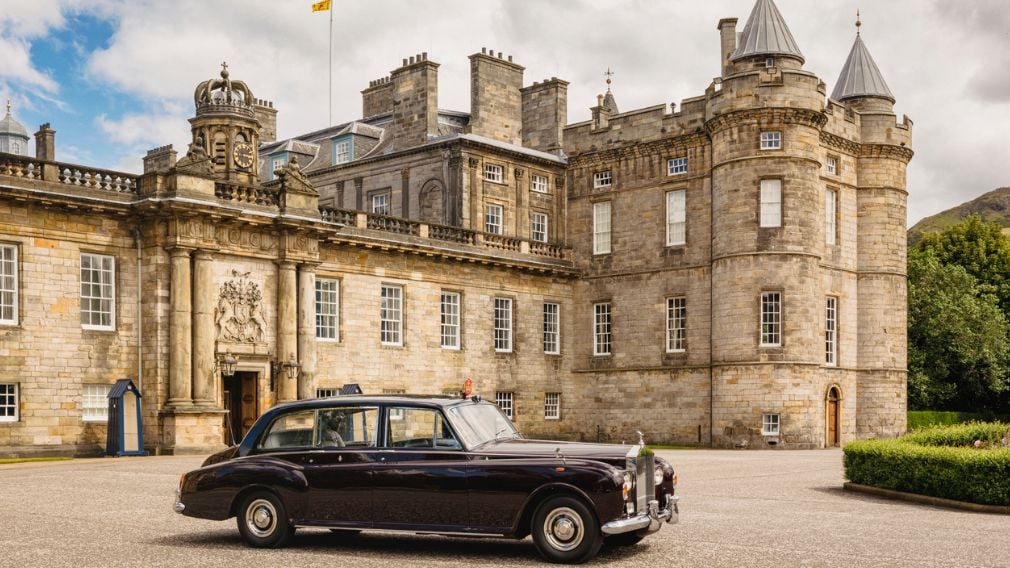 A Rolls-Royce Phantom VI chassis used by Queen Elizabeth II is on display on the forecourt of the Palace of Holyroodhouse this summer