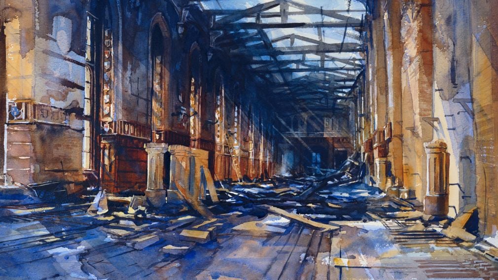 Watercolour painting of St George's Hall after the fire  