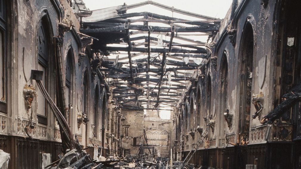 Photograph of St George's Hall immediately after a fire