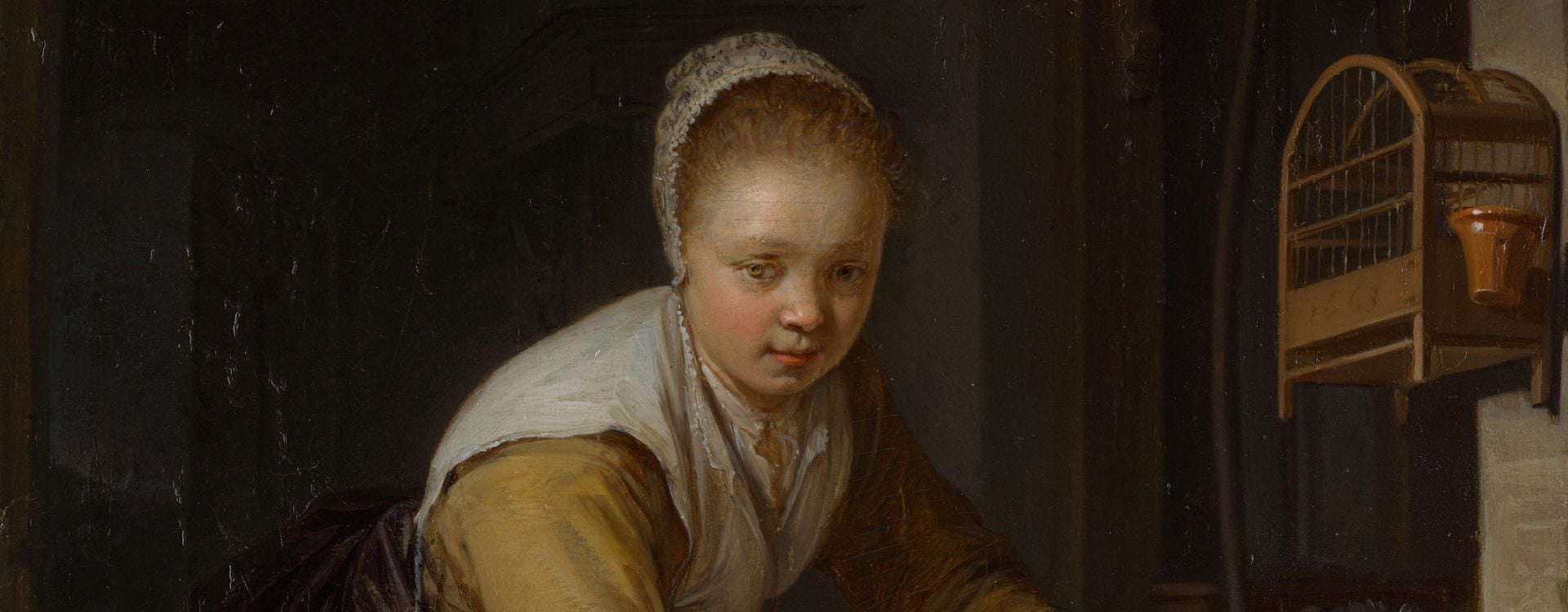 Gerrit Dou, A Maidservant Scouring a Brass Pan at a Window