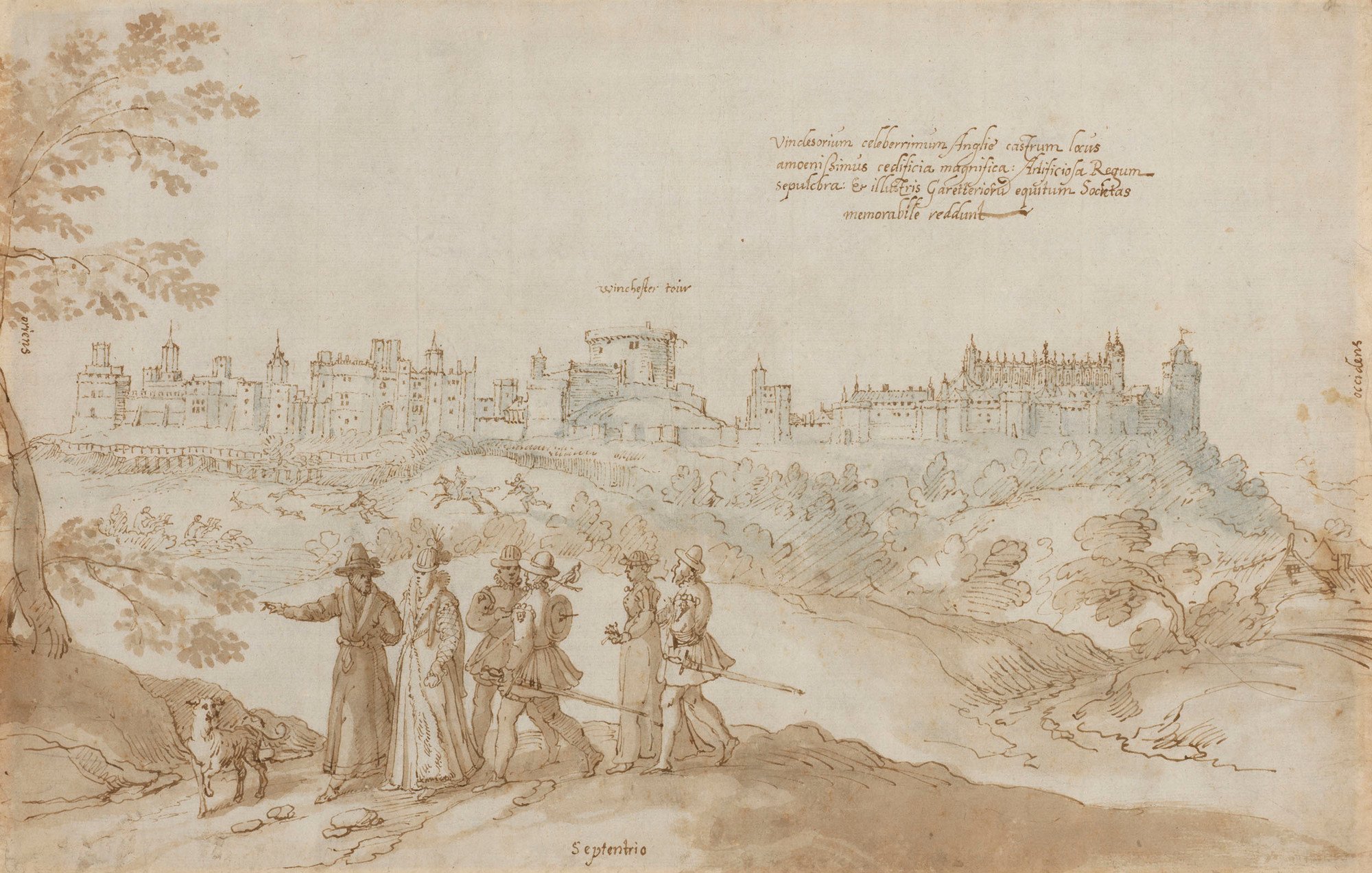 Pen and brown ink wash drawing showing Windsor Castle seen from the North with figures in the foreground.