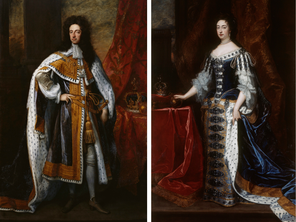 A pair of portrait paintings of William III and Mary II by Sir Godfrey Kneller. Both King and Queen are shown in robes of state.