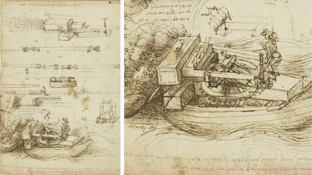 Designs for gun-barrels and mortars, c.1485 (RCIN 912652) Designs for gun-barrels and mortars, c.1485 (RCIN 912652)