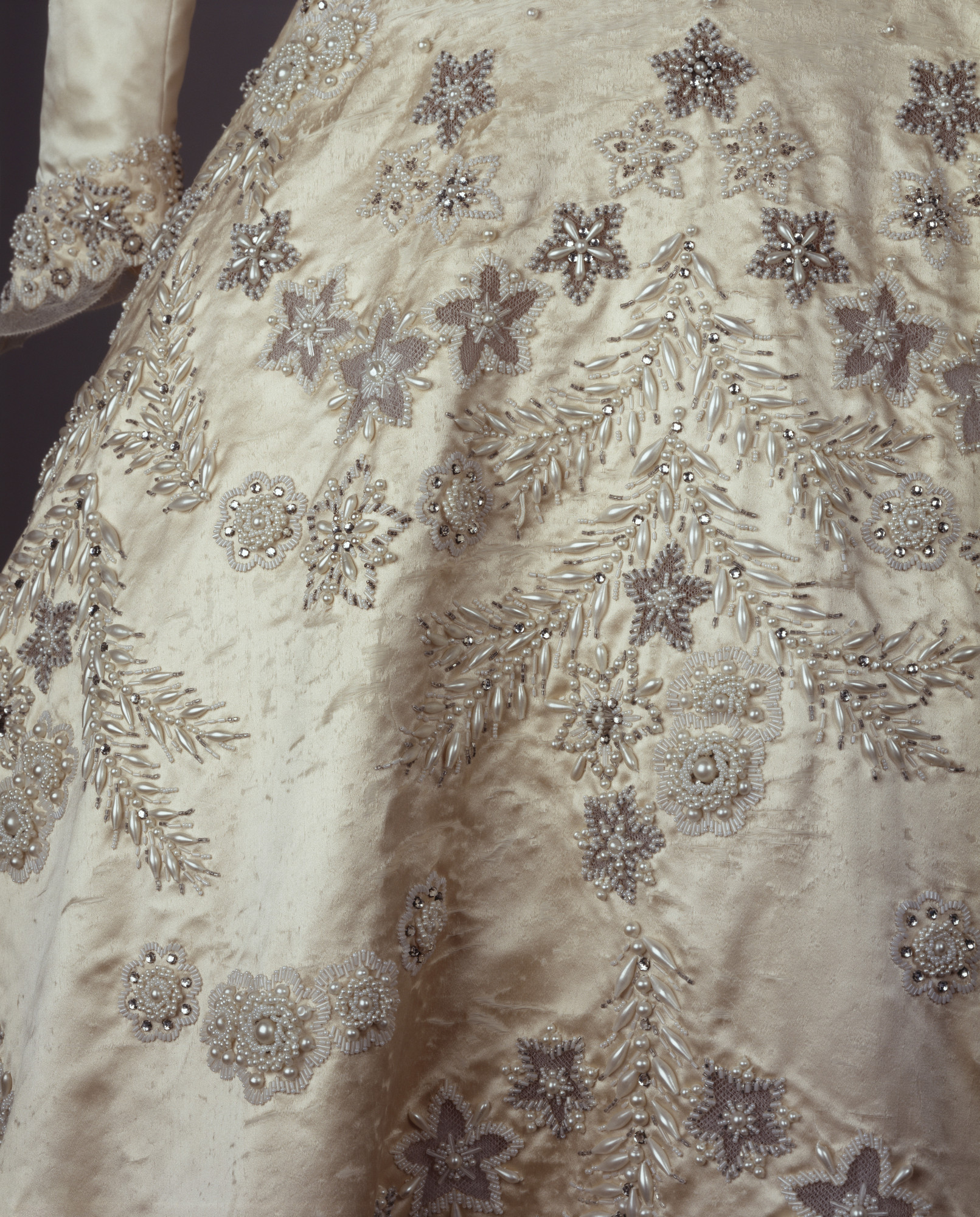 Detailed view of Queen Elizabeth II's wedding dress
