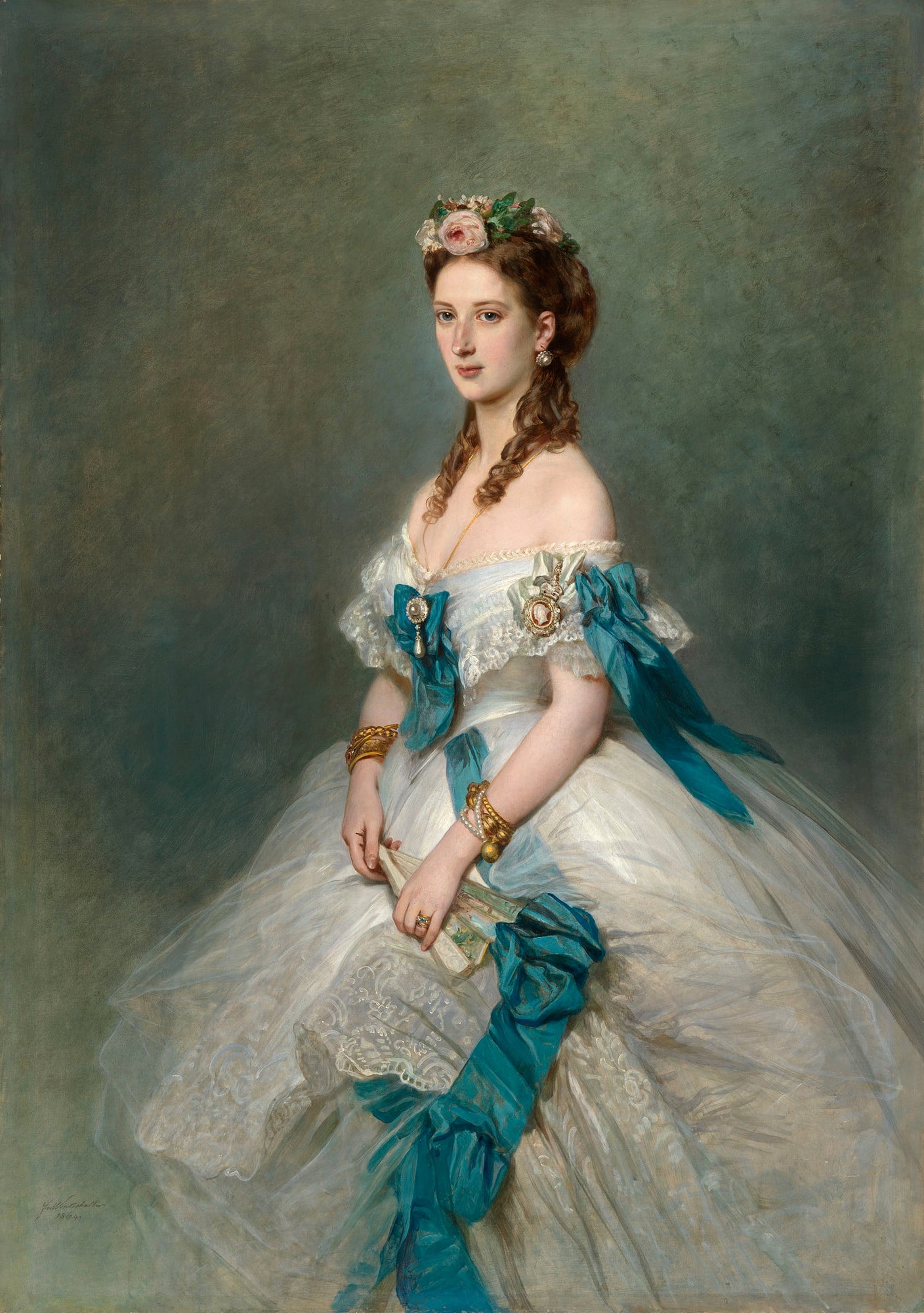 Franz Xaver Winterhalter, Queen Alexandra when Princess of Wales (RCIN 402351) A three quarters length portrait painting of Alexandra, when Princess of Wales, by Franz Xaver Winterhalter. She is wearing a white ball dress with the badge of the Order of Victoria and Albert.
