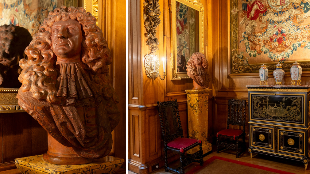 A terracotta bust of Charles II, his head turned to the left, wearing a lace cravat and brocade cloak across his shoulders.