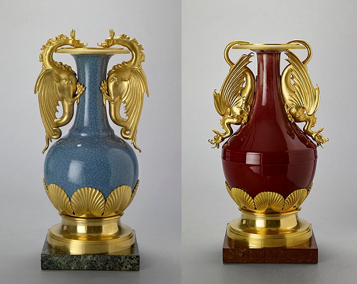 Blue and red vases with gold mounts