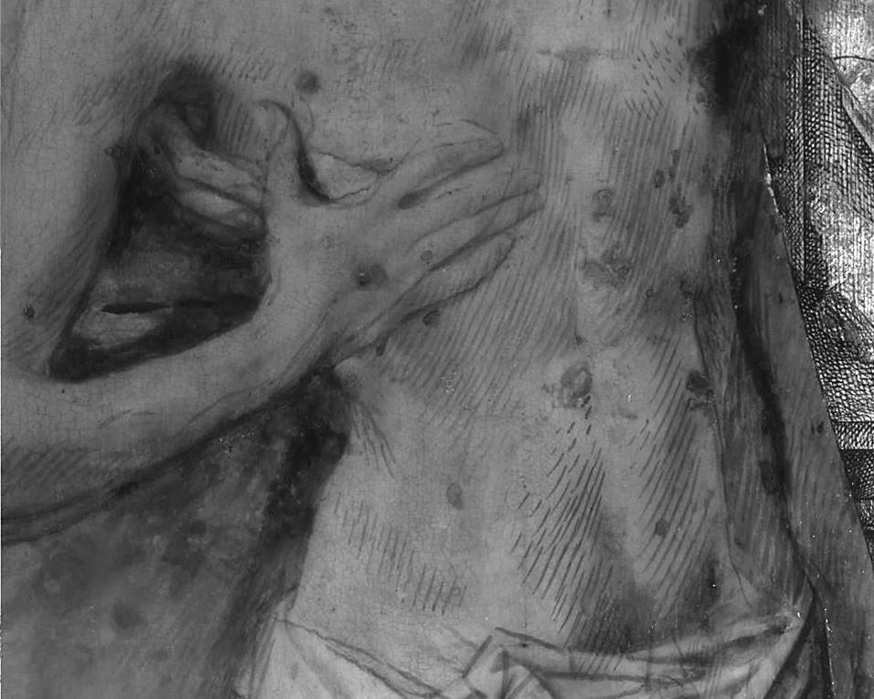 Infra-red reflectogram detail of the painting of Christ's torso, showing the hatching used to apply the paint