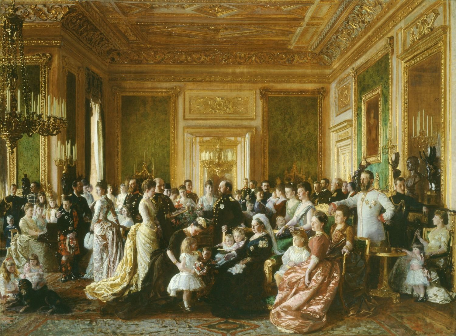 Queen Victoria is sitting in the Green Drawing Room at Windsor Castle, surrounded by members of her family. On the mantelpiece is a bronze bust of Prince Albert. Queen Victoria commissioned the painting to commemorate the gathering of her family for the G