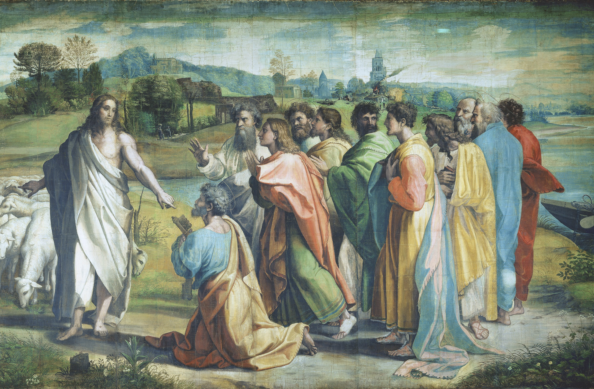 A cartoon for the tapestry of Christ's Charge to Peter for the Sistine Chapel. Christ is standing on the left, pointing behind himself to a flock of sheep and in front to the keys held by Peter, who is kneeling. The other disciples stand in a group at the