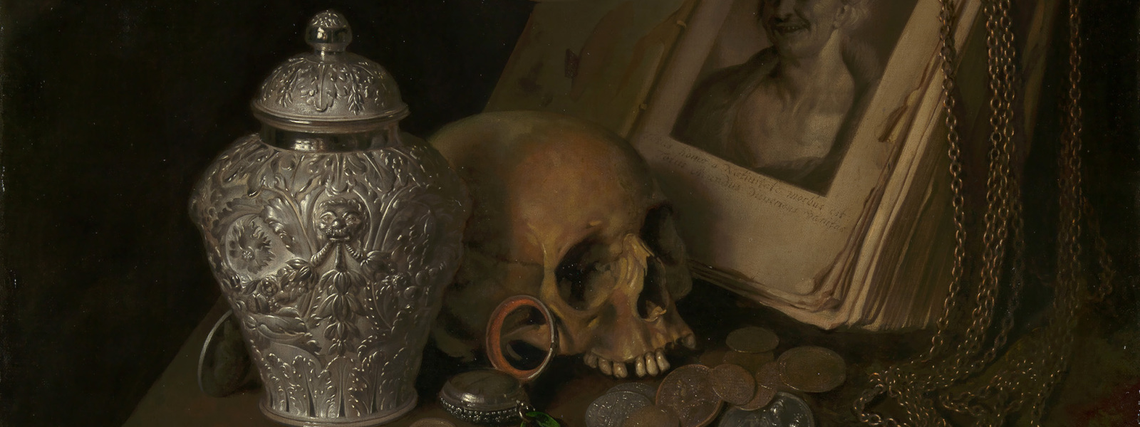 Still life painting showing a skull, urn, coins and book