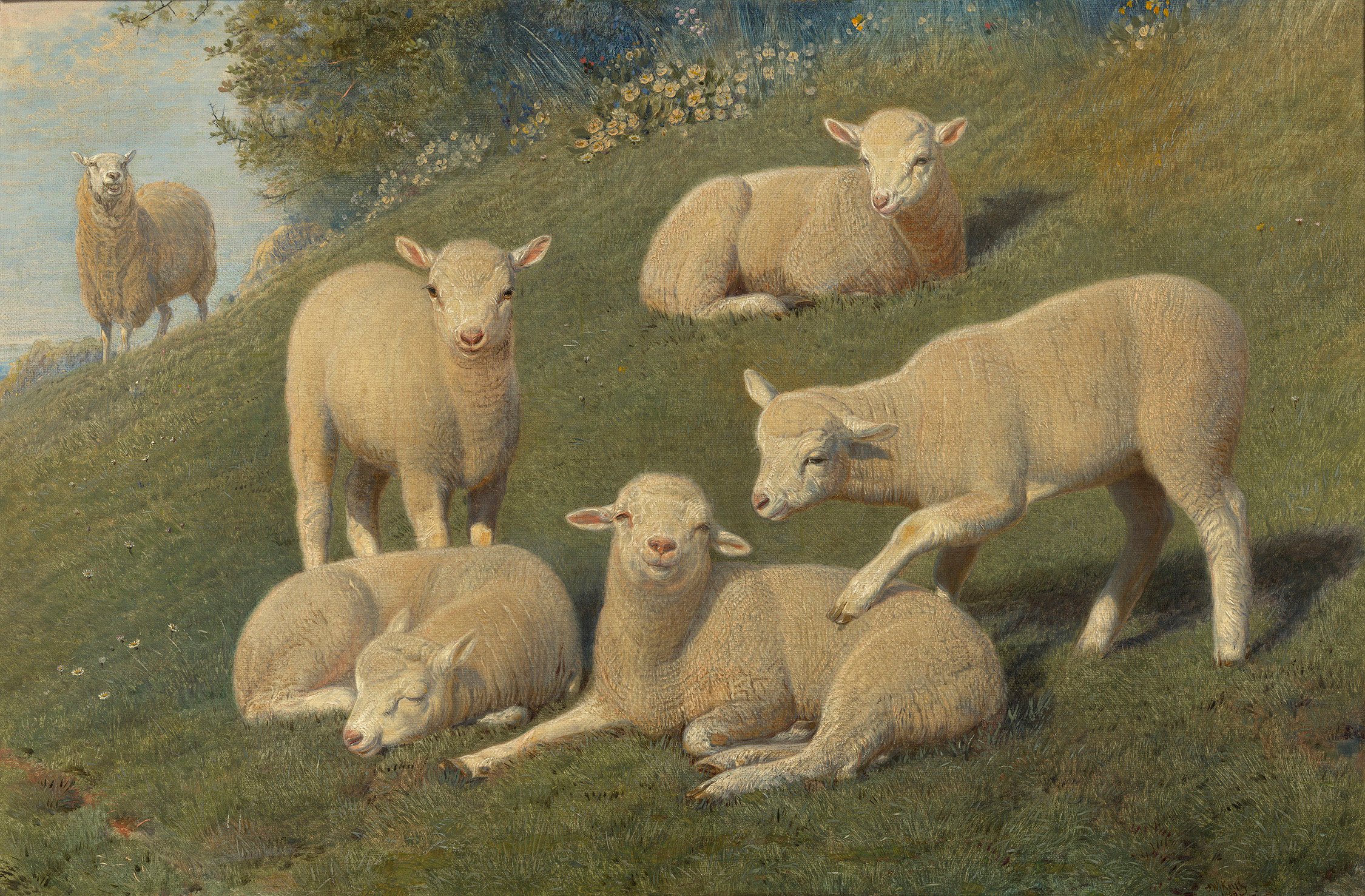 Keyl reported in a letter that he had learned from Sir Edwin Landseer that 'The Queen was quite delighted with my Lambs brought them herself with her own hands into his bedroom &ndash; thought it quite Preraphaelite'.
Signed and dated: F.W. Keyl / 1868.