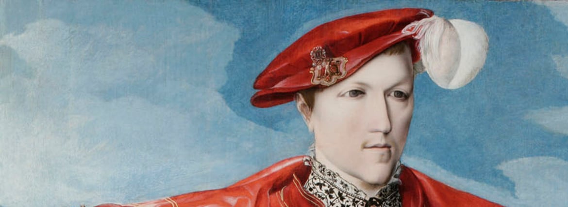 Detail from the portrait 'Man in red', showing his capped head