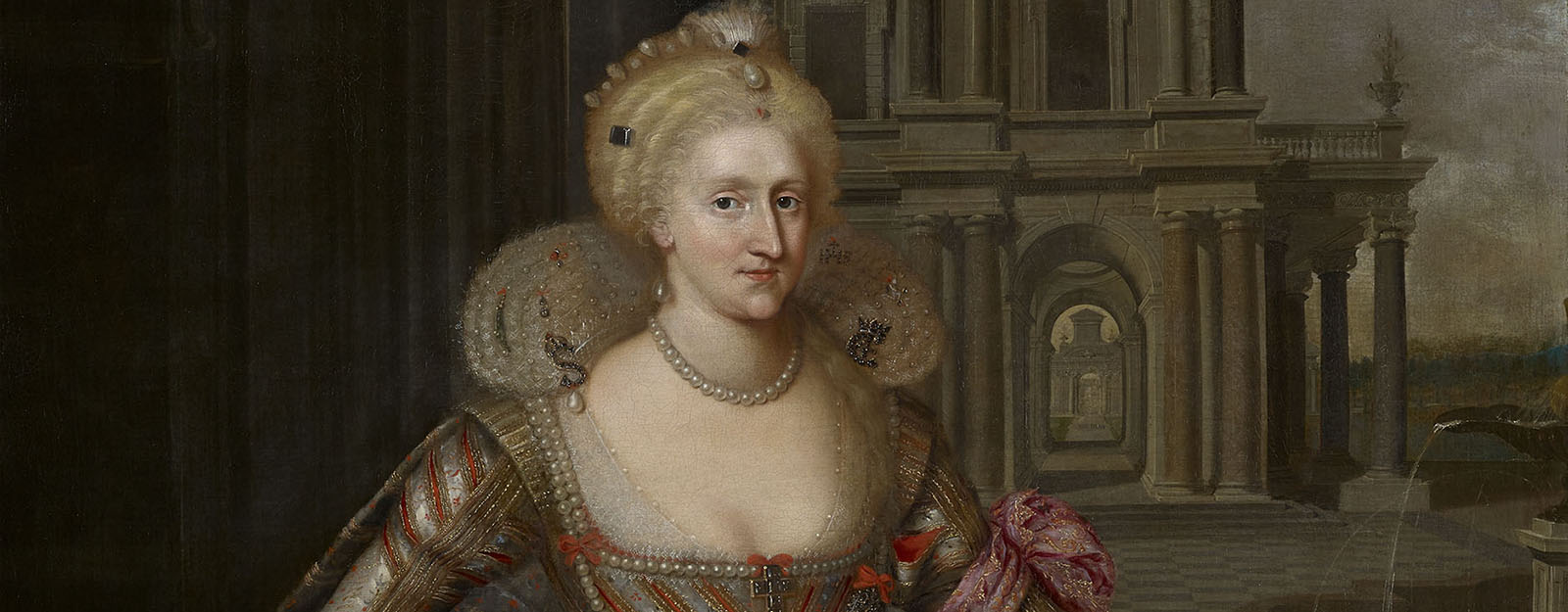 Painting of woman with a large lace collar and wide skirt
