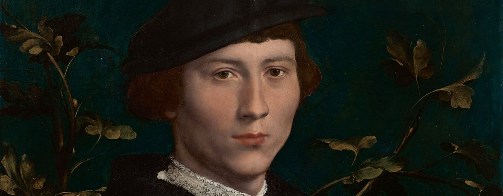 Painting of a Tudor man wearing a black hat.