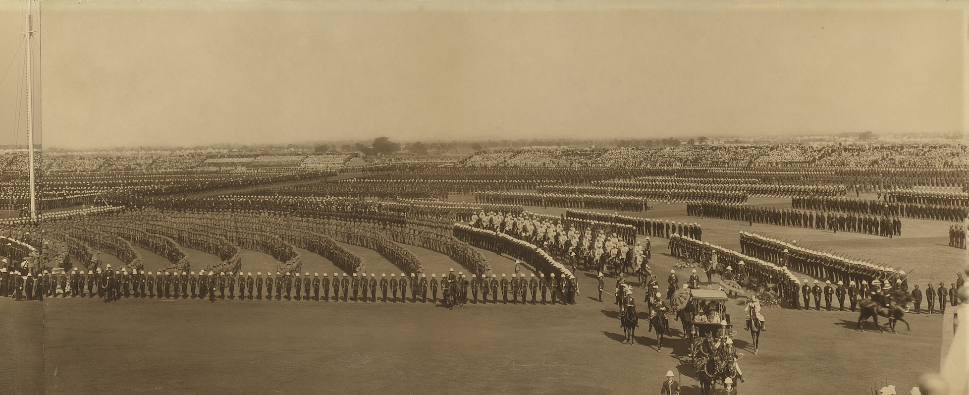 Third gelatin silver photograph framed alongside each other to form a panorama of three individual key moments taken during the Delhi Durbar of 1911. Each photograph features King George V and Queen Mary.