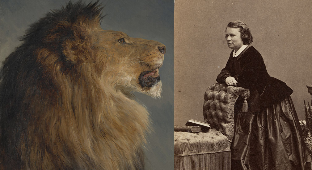 Painting of a lion's head by Rosa Bonheur (RCIN 407226) and portrait of Rosa by André Adolfe Eugène Disdéri (RCIN 2914893) Painting of a lion's head in profile and black and white photograph of woman leaning on a chair wearing 19th century clothing