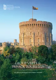 Group Visits & Private Tours 2026 brochure cover title in black text, featuring the Round Tower at Windsor Castle as background.