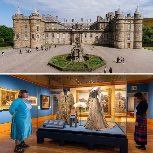 Split image with the exterior of the Palace of Holyroodhouse on the top, and the interior of The Edwardians exhibition on the bottom.