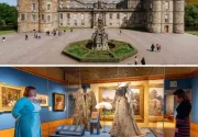 Split image with the exterior of the Palace of Holyroodhouse on the top, and the interior of The Edwardians exhibition on the bottom.
