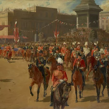 The painting depicts Queen Victoria processing through Trafalgar Square from Buckingham Palace for the Golden Jubilee service in Westminster Abbey, celebrating 50 years of her reign. The Crown Princess of Germany and the Princess of Wales rode with her in