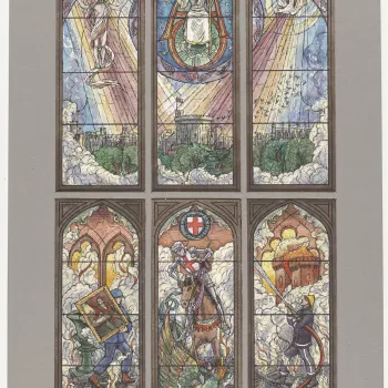 A watercolour design for a six-light stained glass window, in a mount which replicates the tracery of the window. In the top register, the Holy Trinity can be seen over Windsor Castle. In the bottom register, from left to right against a background of smo