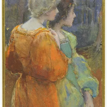 A watercolour depicting two women facing right, one wearing an orange gown and the other a green one, in&nbsp;a woodland setting. Signed&nbsp;with the artist's monogram at bottom left. 
The same figures are found in a pastel held by the Royal Cornwall Mus
